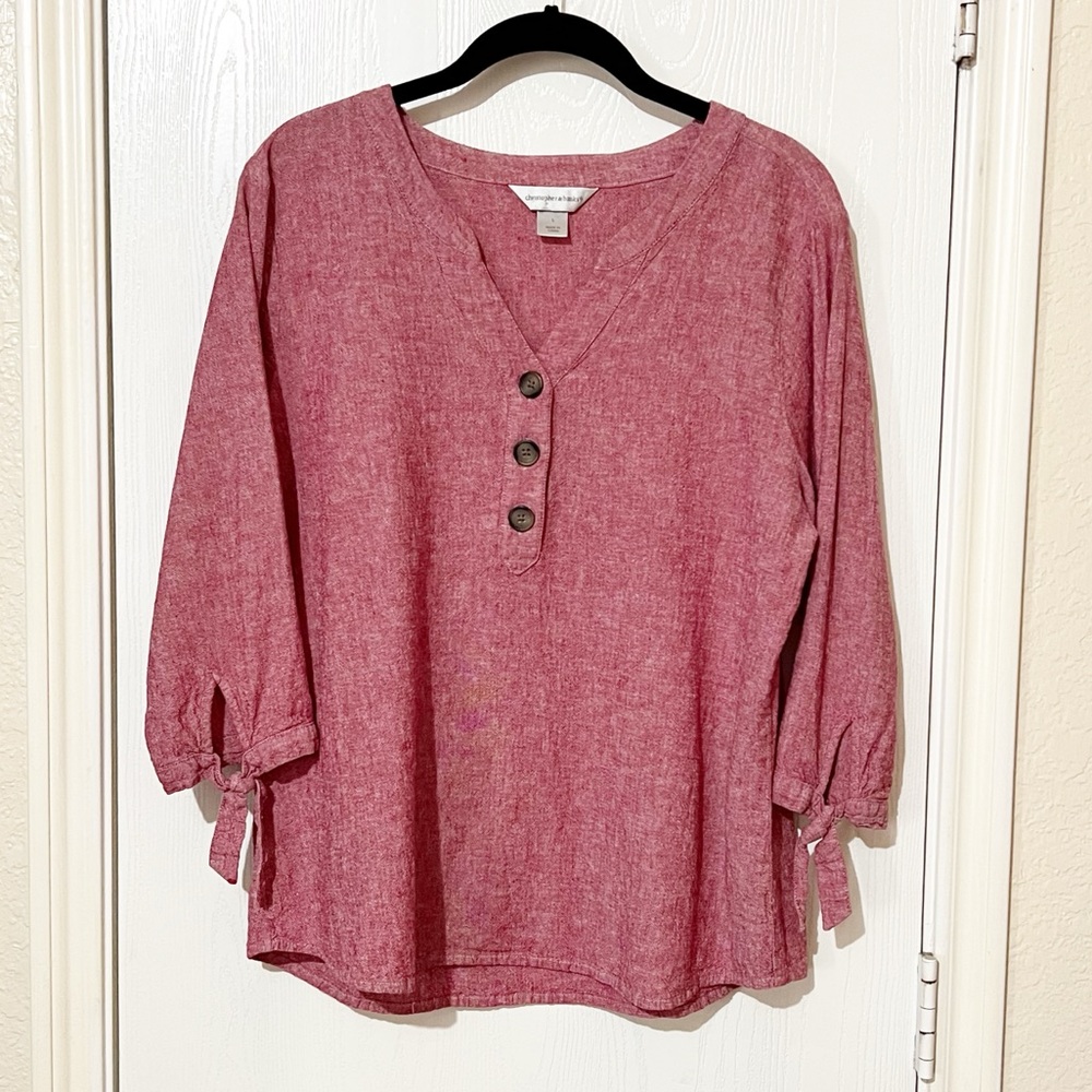 Christopher & Banks Red V-Neck Top Linen Blend Quarter Sleeve Large
